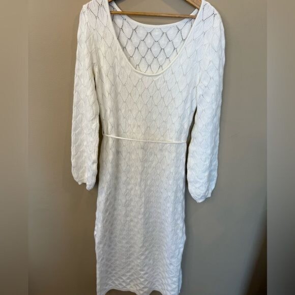 Scoop Back Open Knit Dress Size XL Ivory Maxi Balloon Sleeves Belt Bridal - Picture 5 of 13